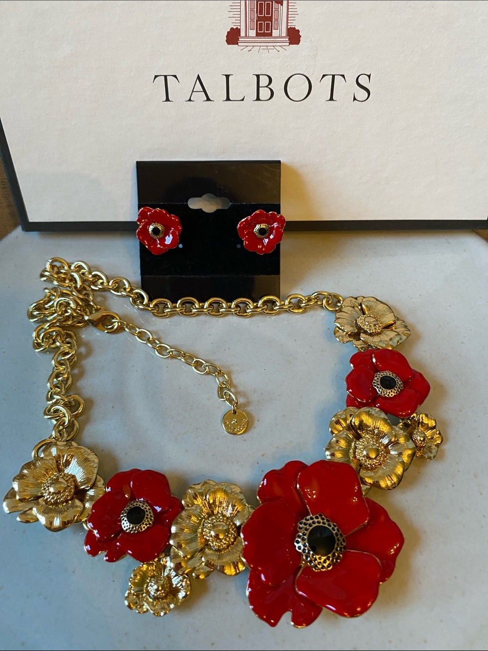 Talbots Red and Gold Poppy bib style Statement Necklace with Matching Earrings